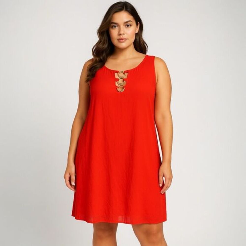 Y2K‎ Gold Ring Neckline Red Shift Dress Women's 2X Bold Sleeveless Resortwear